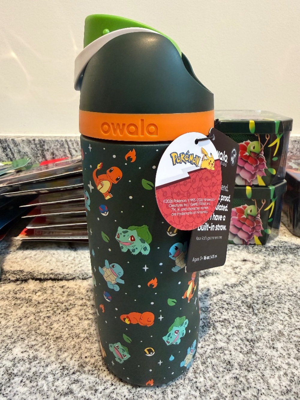 Owala FreeSip 16 oz Pokémon Water Bottle Flip Top Built-in Straw Green/Orange